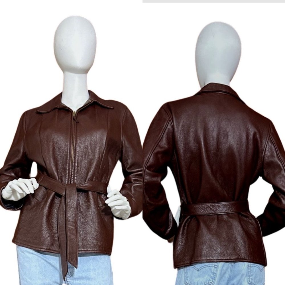 Vintage Ladies Brown Deerskin Leather Car Coat Women's 36 Rockabilly Jacket M